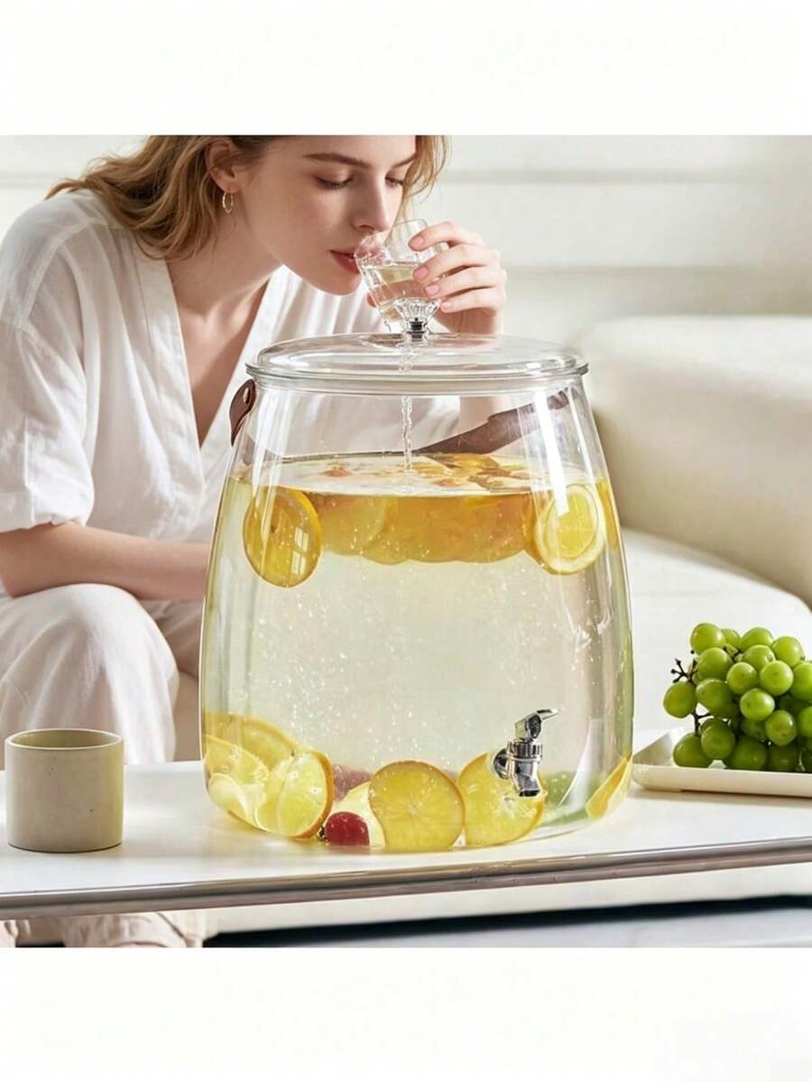 Large Capacity Transparent Plastic Drinking Kettle With Faucet And Lid, Portable Leather Handle Household Fruit Tea Bucket, Leak Proof Spigot Beverage Can For Lemon Juice Iced Tea, Beautiful Desktop Decoration For Gatherings, Picnics, Daily Home Use