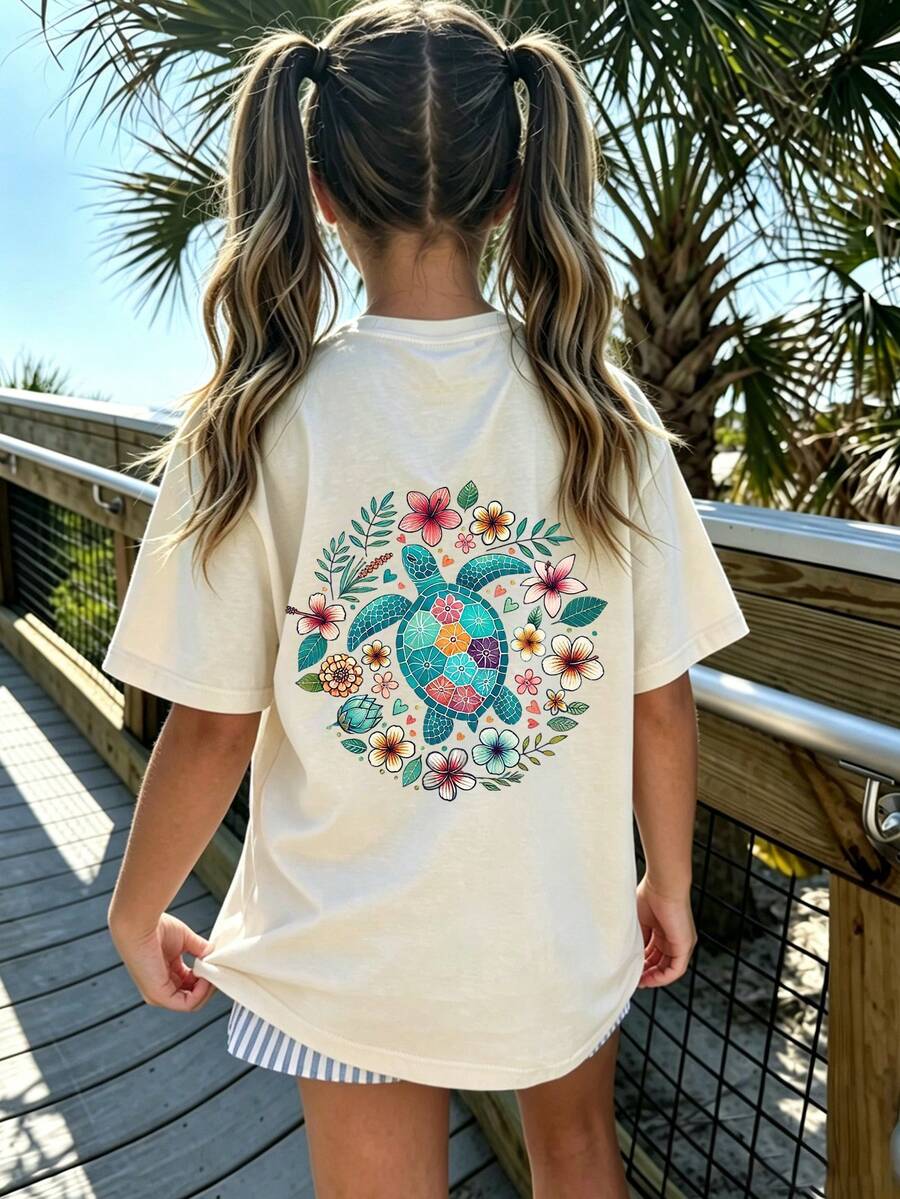 Camiseta de manga curta estampada para meninas pré-adolescentes (1 peça), roupa para estudantes e crianças pequenas, presente de verão para crianças. - Damasco - Ver 1