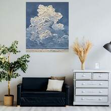 Arte de pared 2D plano, 1 pieza, abstracto pintado a mano de cielo y nubes esponjosas - Pintura de pinceladas texturizadas en crema, moderna y minimalista, adecuada para sala de estar, dormitorio, decoración - Pintura de nubes relajante para habitación, idea de regalo única - Enmarcado - Ver 5