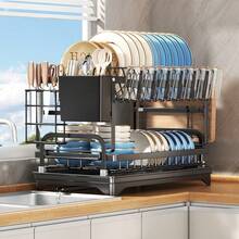 Kusuxva This Double-Layer Metal Kitchen Countertop Dish Rack Is Space-Saving And Durable. It Comes With A Knife And Fork Holder, Cup Holder, Cutting Board Holder, And Rust-Proof Drain Tray. Kitchen Storage Items Help You Keep Your Kitchen Neat And Organized. - 黑色 - 查看 4