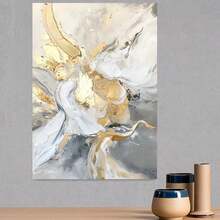 Lienzo 2D plano, 1 pieza pintado a mano - Arte floral dorado abstracto en blanco y - Decoración de pared moderna para sala de estar, dormitorio u oficina - Estilo elegante y lujoso, ideal para hogares contemporáneos - Parte trasera autoadhesiva, listo para colgar - Exquisito regalo de decoración del - Enmarcado - Ver 3