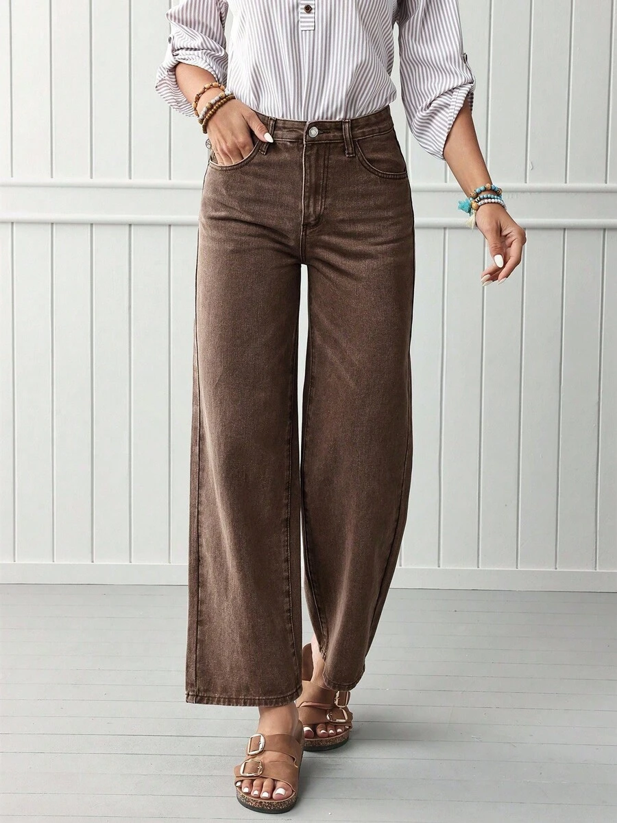 Jeans de pierna recta de talle alto - Marrón - Ver 1