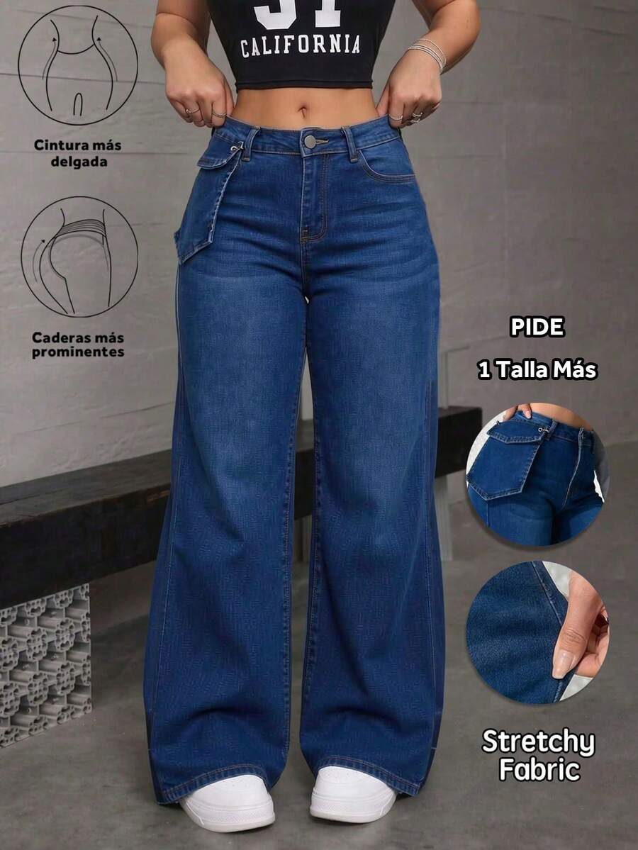 Jeans rectos y holgados de mezclilla lavado efecto levantador de glúteos elásticos sueltos varios colores disponibles - Azul profundo - Ver 1