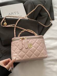Tas Persegi Kecil Rantai Hitam Berquilting, Tas Kosmetik Mini Genggam, Tas Selempang Serbaguna, Tas Tangan Komuter dengan Liontin Hati - Berwarna merah muda - View 5