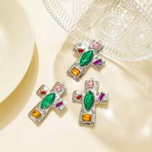 3pcs/Pack Vintage Style Stainless Steel Multi-Color Zirconia Inlaid Cross & Rainbow Bear Pendant, Suitable For Women DIY Accessories, Date Wear - Gold; Steel - View 3