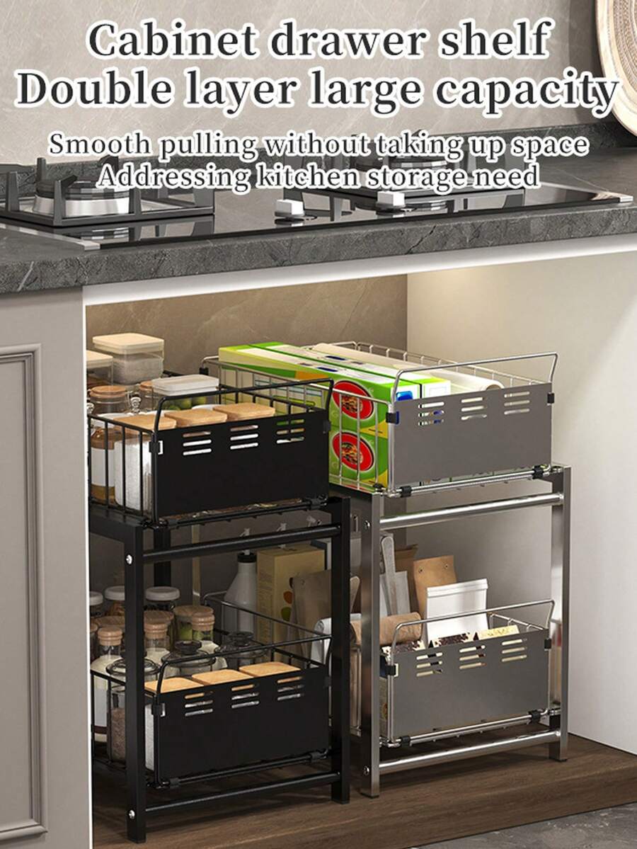 1 Buah Rak Penyimpanan Dapur Tarik Keluar Tugas Berat, Keranjang Penyimpanan 2 Tingkat yang Dapat Dilepas Terbuat dari Baja Karbon, Rak Penyimpanan Serbaguna Beroda untuk Penyimpanan Barang di Bawah Wastafel, Kabinet, dan Meja, Warna Ganda Hitam Perak - MultiWarna - View 1