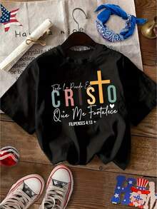 Women's Black Printed T-Shirt In A Youthful Style, 100% Cotton, Round Neck, Short Sleeves, Cool And Breathable Fabric, Perfect For Outings With Friends, Pairs Well With Shorts And Jeans - 黑色 - 查看 1