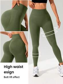 1pc Women's Seamless High Waist Stretchy Sports Leggings, Tummy Control Butt Lifting Yoga Pants, Comfortable Skin-Friendly Fabric, Gym Workout Pants, Perfect For Yoga, Fitness, Running, Outdoor, Daily Wear - Army Green - View 2