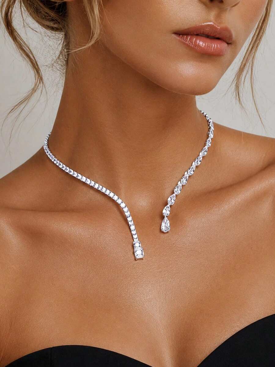 outingfit 1 buah Kalung Choker Bentuk Tetesan Air Mata untuk Wanita, Rantai Tulang Selangka Asimetris Zirkonia Kubik Mewah, Desain Eksklusif - Perak - View 1