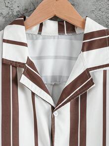 Summer New Men's Vintage Vertical Striped Shirt Collar Set Loose Short Sleeve Top Shorts Casual Wear - Brown - View 6