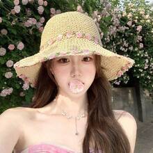 女款夏季防曬手工編織草帽，戶外度假海灘遮陽可折疊水桶帽 - 彩色 - 查看 4