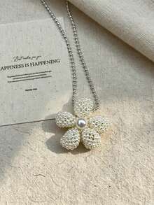 Korean Style Ins-Inspired Pearl Woven 3D Flower Titanium Steel Necklace For Women, Lightweight Luxury Niche Gentle Non-Fading Sweater Chain - Beige - View 8