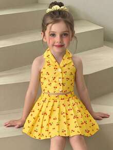 Set de 2 piezas de top sin mangas con estampado de cerezas y lazo colorido + falda plisada para niñas jóvenes, adecuado para vacaciones y uso al aire libre - Amarillo - Ver 1