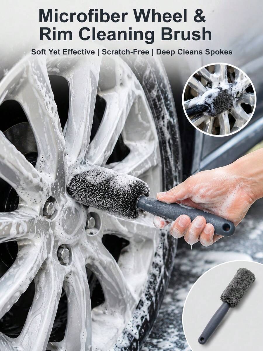 Car Wheel & Tire Cleaning Brush - Ultra Soft Microfiber Bristle Wheel Cleaning Tool, For Paint, Deep Cleaning Brush, Cleans Wheel Gaps, Nuts & Hard-To-Reach Areas, Car Detailing Accessory - A - View 1