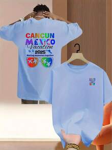 Camiseta de hombre con diseño de doble cara a la moda - Con un diseño inspirado en Vacaciones 2025 en Cancún,éxico, con motivos de playa y viajes, cuello redondo informal, lavable aáqu - Blanco - Ver 9