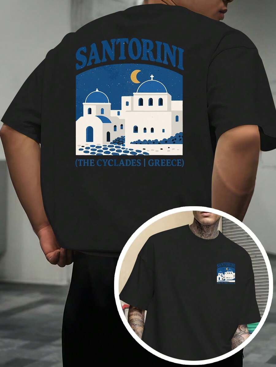 Camiseta estampada con temática del paisaje griego de Santorini, diseño de doble cara en la parte delantera y trasera, camiseta de manga corta para hombre, adecuada para el uso diario casual - Negro - Ver 1