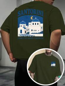 Camiseta estampada con temática del paisaje griego de Santorini, diseño de doble cara en la parte delantera y trasera, camiseta de manga corta para hombre, adecuada para el uso diario casual - Negro - Ver 6