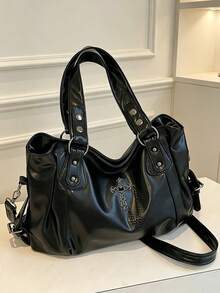 Fashionable Textured Large Capacity Tote Bag, Commuter Shoulder Crossbody Women's Bag, Suitable For Outings, Shopping, Travel, Commuting - Black - View 9