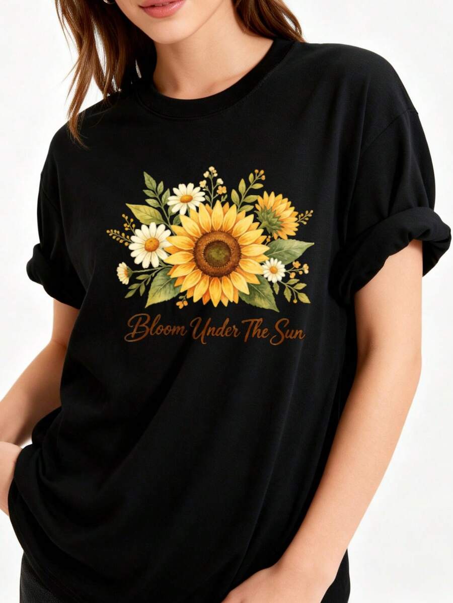 2026 Men's Plus Size Shirts - Women's 100% Plus Size Crew Neck T-Shirt With Sunflower And Daisy Floral Design, Blooming In The Sun, Comfortable And Breathable - 黑色 - 查看 1
