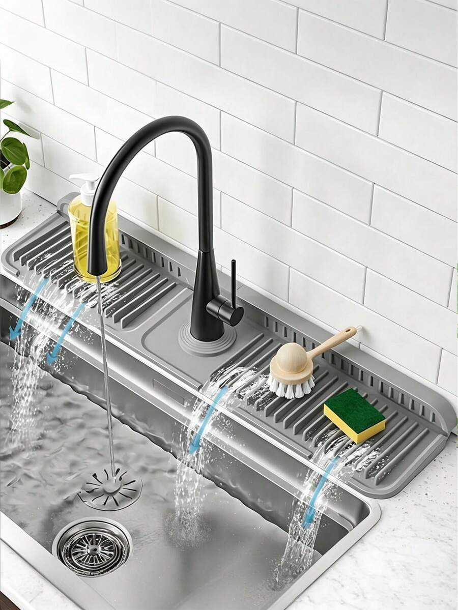 1pc Silicone Water Drain Mat Kitchen/ Bathroom Sink Splash Guard Anti-Slip Surface Pad/ Rack ,Silicone Kitchen Sink Tray With Drainage Spout, Kitchen Faucet Sink Splash Guard, Silicone Faucet Water Catcher Mat, Sink Draining Pad Behind Faucet - 彩色 - 查看 1