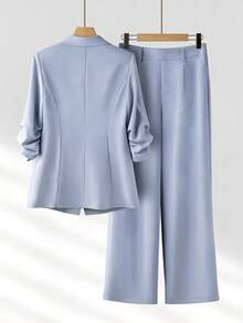 Women's Spring/Summer Light Commute Pleated Design 3/4 Sleeve Loose Single-Breasted One-Button Blazer With Real Pockets And Long Pants Set - Dusty Blue - View 2