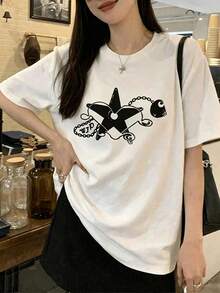 Women's Logo T-Shirt, Summer Clothing, Fashionable Short Sleeve Office Casual T-Shirt, 200g Cotton, Character Print, Loose Fit, White Top, Y2K - White - View 1