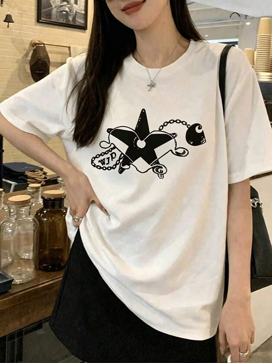 Women's Logo T-Shirt, Summer Clothing, Fashionable Short Sleeve Office Casual T-Shirt, 200g Cotton, Character Print, Loose Fit, White Top, Y2K - White - View 1