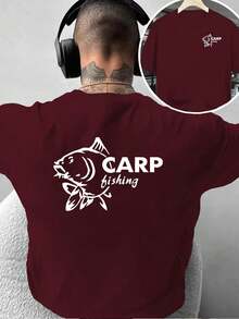 Camiseta de moda masculina con estampado creativo de doble cara con diseño de pesca de carpas, estilo casual para actividades al aire libre, para el ocio diario en casa o para activi - Negro - Ver 7