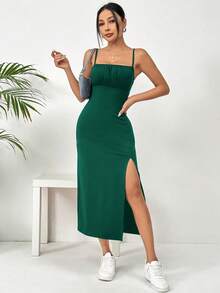 Leopard Print Midi Dress With Side Slit And Straps - Green - View 1