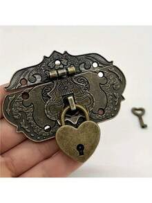 1set Antique Bronze Hasp Latch Lock Set With Heart-Shaped Padlock And Key For Wooden Box, Decorative Vintage Iron Hardware Accessory - Multicolor - View 8