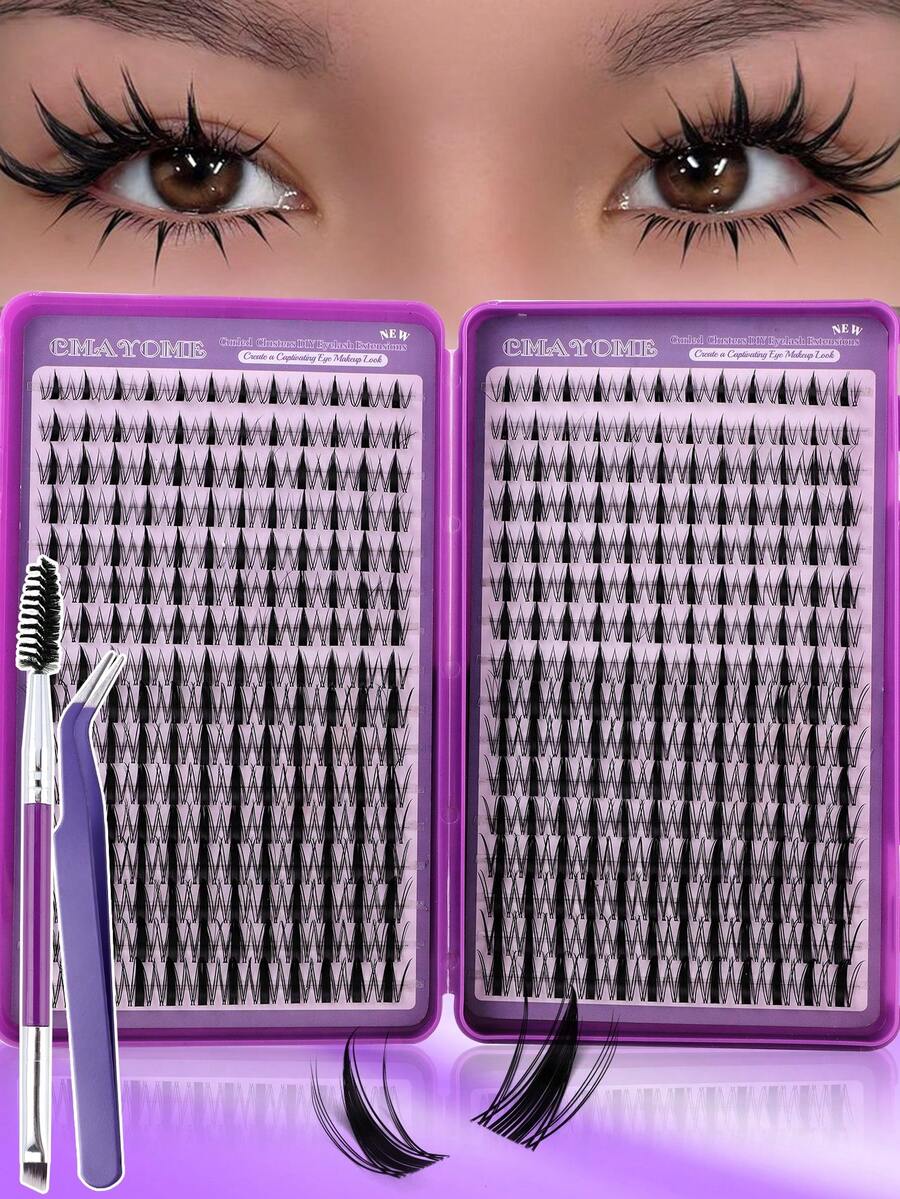 384Pcs Manga Spiky Wet Look Cluster Lash Kit 10-20mm, Soft Fluffy Lightweight 3D Faux Mink Individual DIY Eyelash Extensions With Tweezers & Lash Brush For Home Self Makeup