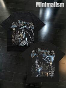 Features Eye-Catching Godspeed & Liberty City Print. 220g Comfy Cotton Construction, Ideal For Street Outings, Home Relax And Friend Hangouts. - 黑色 - 查看 1