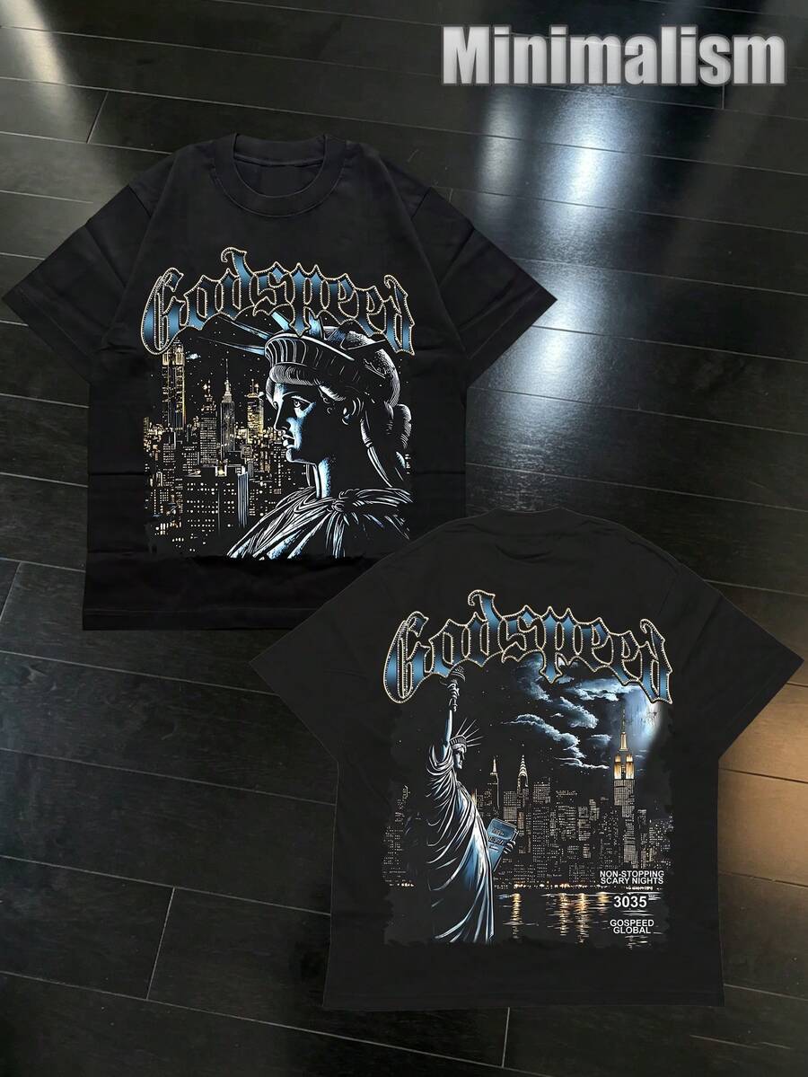 Features Eye-Catching Godspeed & Liberty City Print. 220g Comfy Cotton Construction, Ideal For Street Outings, Home Relax And Friend Hangouts. - 黑色 - 查看 1