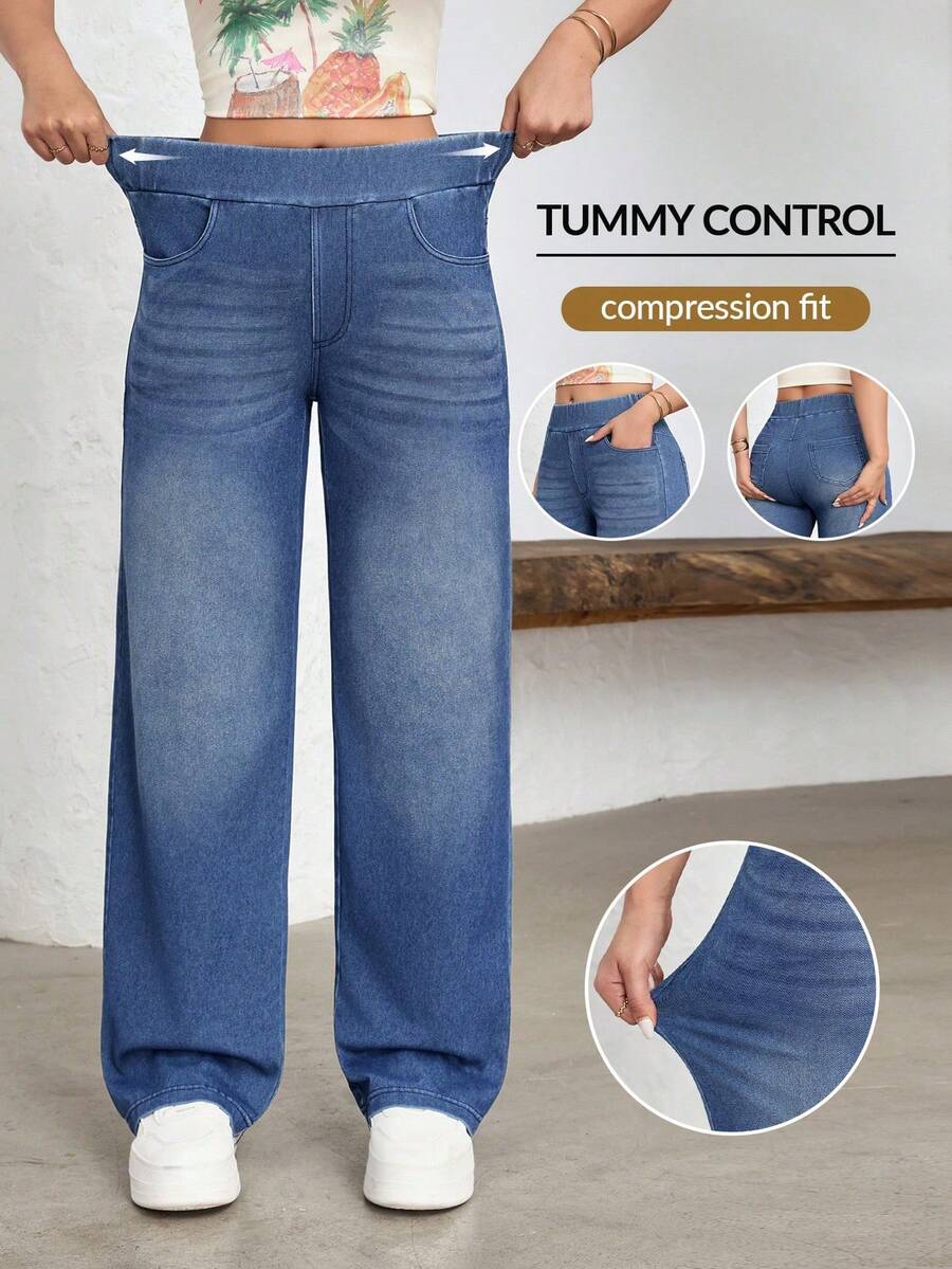 Women's Wide-Leg Jeans, Casual Sporty Style, With Elastic Waistband - Dark Washed Blue - View 1