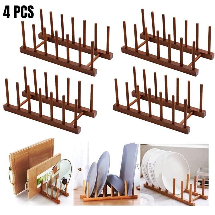 Bamboo Wooden Dish Drying Rack, Vertical 6 Pot Lid Plate Organizer Holder For Cabinet Space Saver, Cutting Board Rack Stand, Kitchen Cabinet Organizer, Baking Pan Drainer, Detachable Book Storage Holder For Office Home Organization And Display - 彩色 - 查看 16