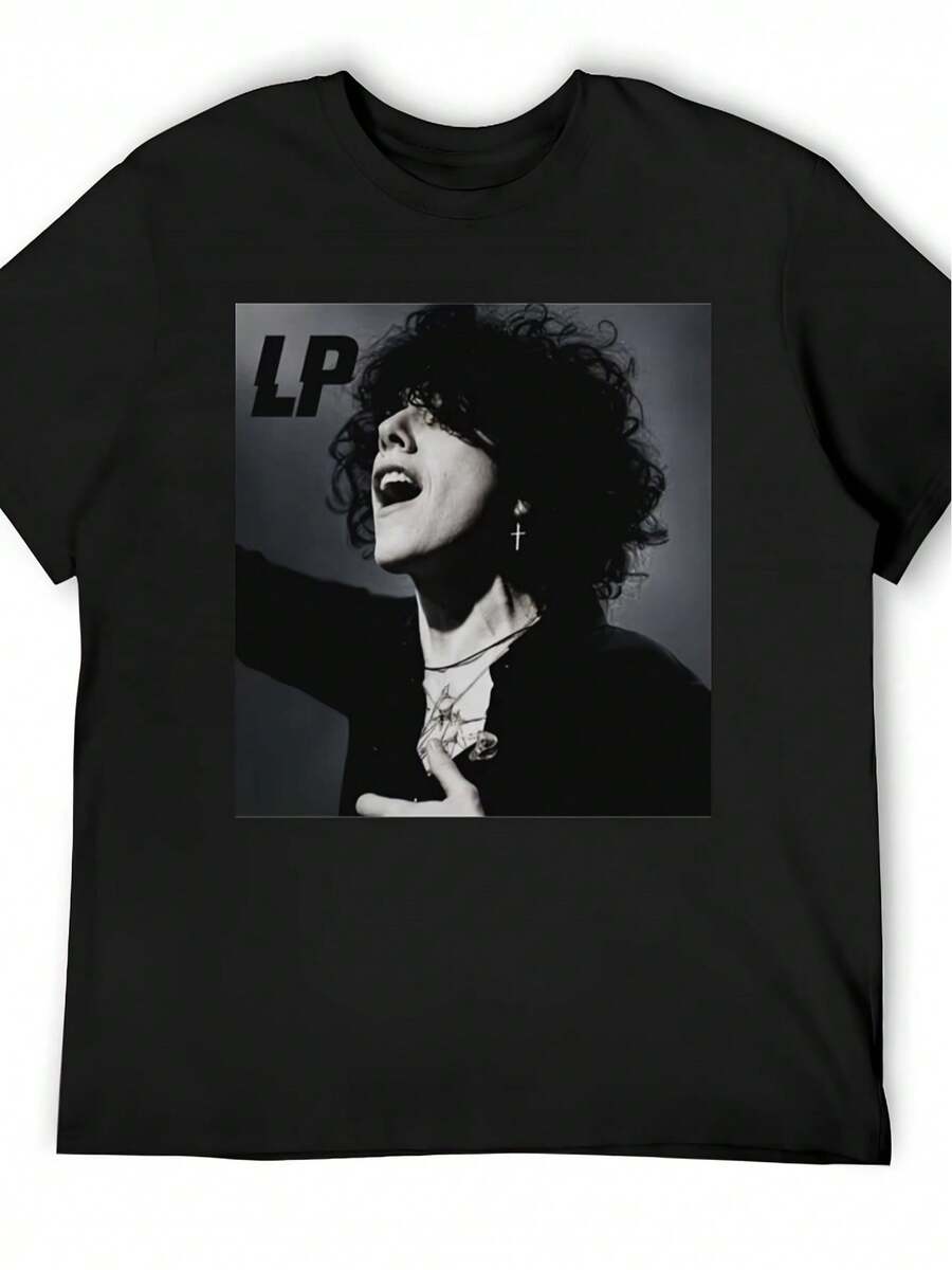 Camiseta Estampada para Hombre - Adecuada para Todas las Temporadas, Ropa Casual, Diseño Atractivo con Patrón LP - Lavable a Máquina - Negro - Ver 1