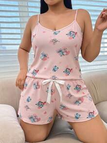 Disney Plus Size Women's Pink 2-Piece Pajama Set, Stitch Lilo & Stitch Print Halter Top And Shorts Set, Casual Loungewear - Multicolor - View 1