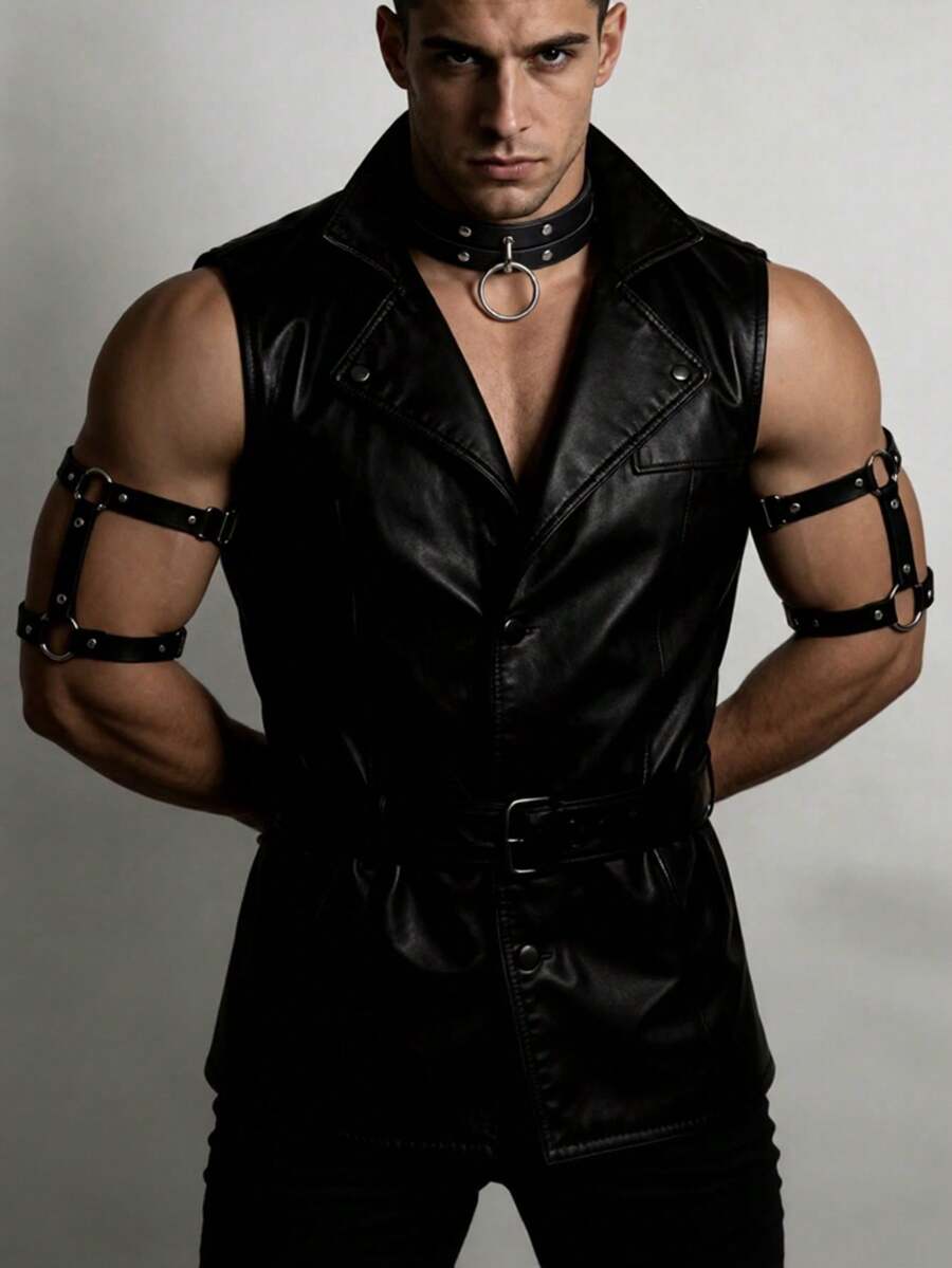 1/2/3pcs Adjustable PU Leather Fashion Men's Armbands And Chokers, Gothic Style Armbands And Chokers, Body Decoration Accessories - Black - View 1