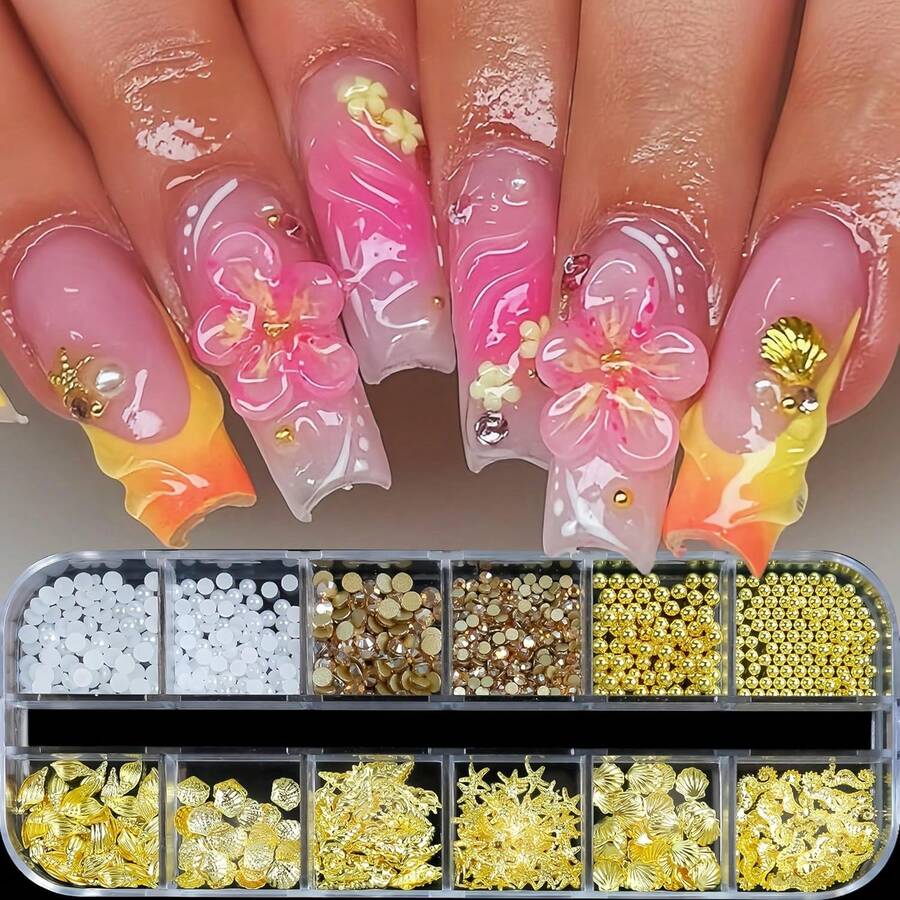 12Grids Summer Metal Nail Art Charms Gold Starfish Conch Tropical Ocean Nail Rhinestones Gold Flatback Nails Gems Diamonds Cute Ocean Theme Designs Nails Jewelry Women Acrylic Nail Supplies - Metallic - 查看 1