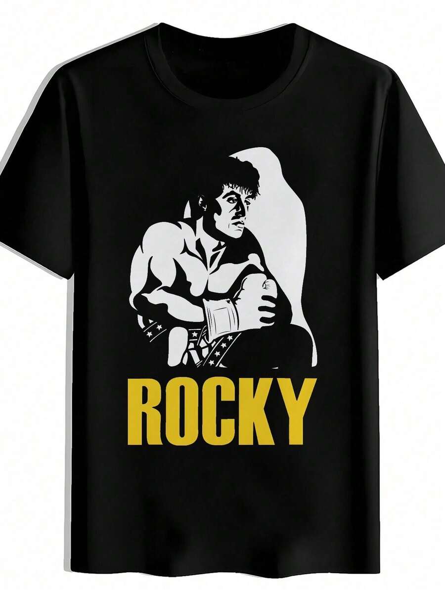 Men's Rocky Balboa Black Graphic T-Shirt - Features The Iconic Face Of The Movie Character And The Word "Rocky" Print, Casual Crew Neck, Summer Style - 白色 - 查看 1
