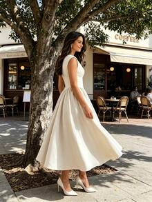 Women's Boat Neck Cap Sleeve Midi Dress, Corset Waist A-Line Flare Dress, Elegant Formal & Bridesmaid Dress - 白色 - 查看 6