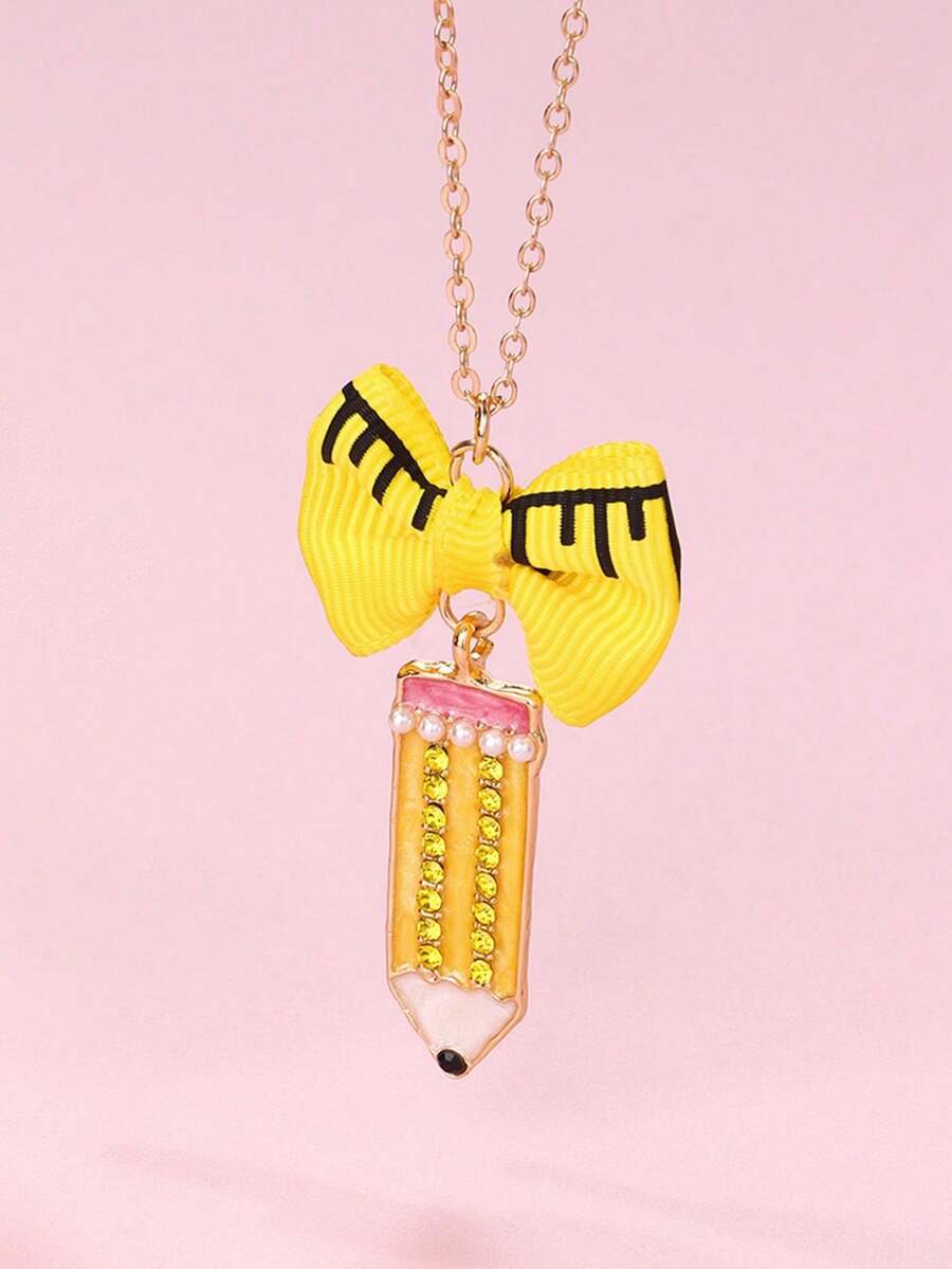 1pc Creative Pencil Ruler Bow Pendant Necklace, Fashionable & Delicate Teen Pendant Necklace, Back To School Gift, Friend Gift - Style 14 - View 1
