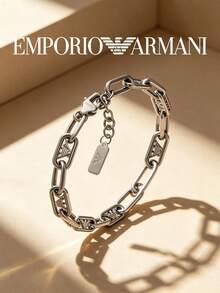 Armani Versatile Hip-Hop Style Cuban Chain Stainless Steel Men's Bracelet, Silver - Silver - View 2