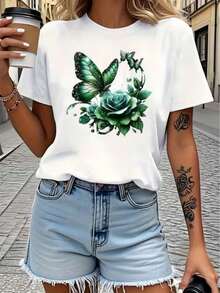 Camiseta de Mujer 100% Algodón, Estilo Casual y Sencillo, Camiseta Estampada con Mariposas Verdes y Rosas, Adecuada para Actividades Diarias Casuales y Vacaciones - Blanco - Ver 1