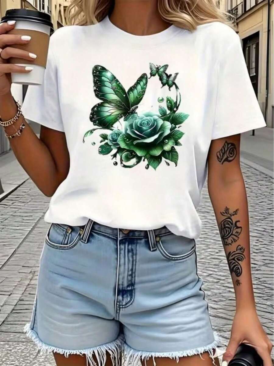 Camiseta de Mujer 100% Algodón, Estilo Casual y Sencillo, Camiseta Estampada con Mariposas Verdes y Rosas, Adecuada para Actividades Diarias Casuales y Vacaciones - Blanco - Ver 1