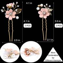 6pcs/Set Bridal Wedding Rhinestone Pearl Flower Alloy Leaf Hair Pin Set - 6-piece Pink Set - View 4