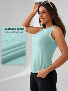 Leorrey 1pc Women's Fashion Elastic Round Neck Sleeveless Backless Beautiful Back Comfortable Soft Sports Tank Top - Blue - View 1