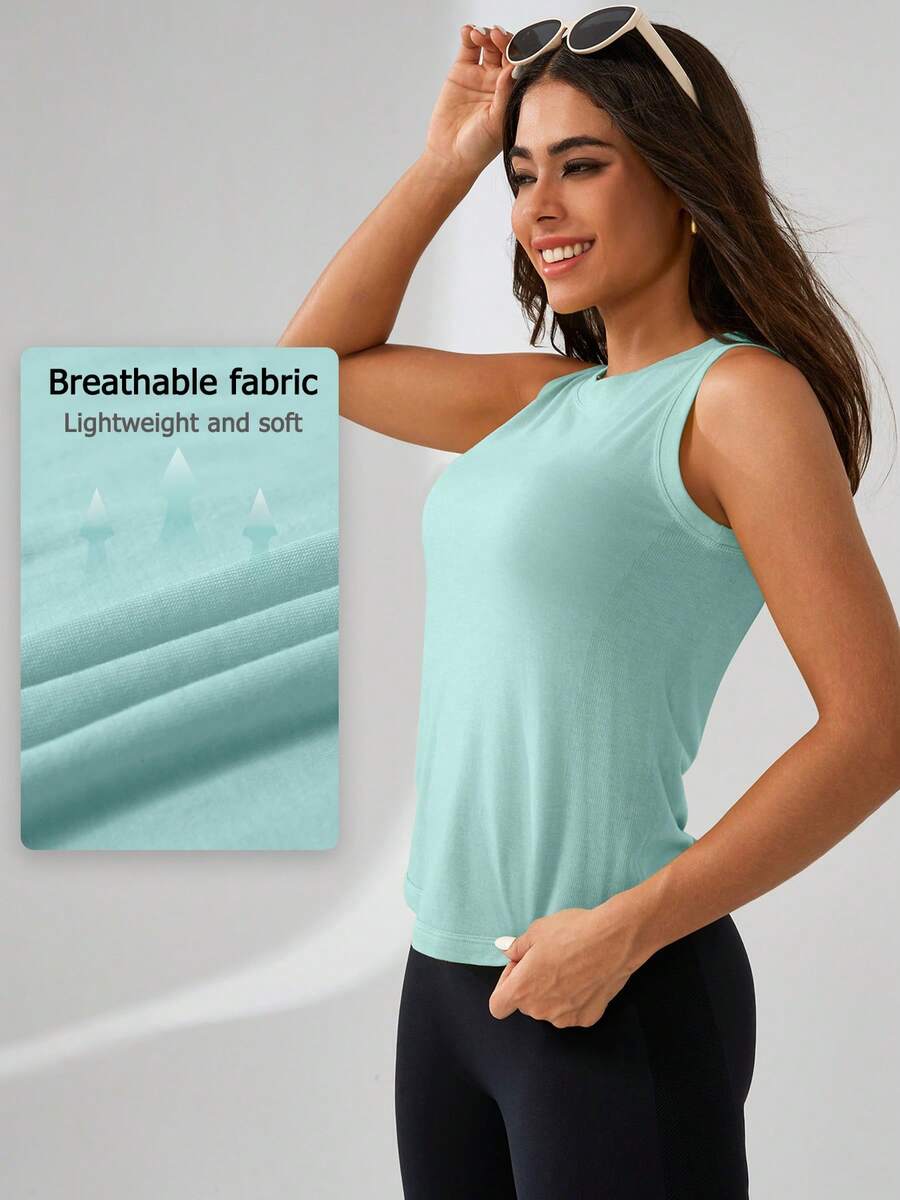 Leorrey 1pc Women's Fashion Elastic Round Neck Sleeveless Backless Beautiful Back Comfortable Soft Sports Tank Top - Blue - View 1