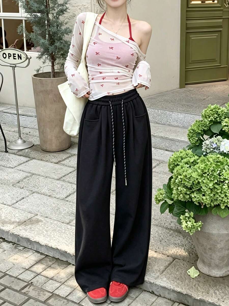 女款彈性腰抽繩純色休閒運動長褲,寬鬆寬腿直筒褲,九分長,2025 春秋黑色秋季款 - 黑色 - 查看 1