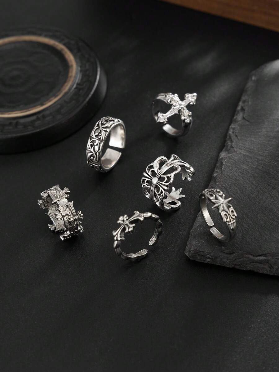 6pcs/Set Fashion Street Punk Style Cross Flower Ring Set, Suitable For Daily Wear And Holiday Decoration - Antique Silver - View 1